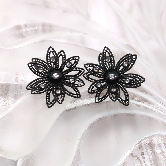Vintage Jewelry - Vintage Western Germany Plastic and Rhinestone Floral Clip On Earrings